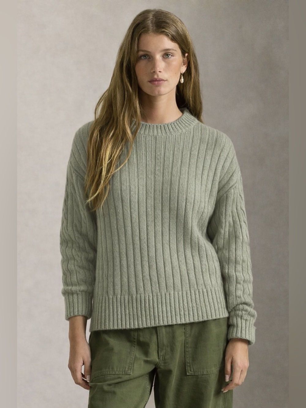 GAP 100% Lambswool Ribbed Sweater Sage Green Chunky Oversized Crewneck Size L